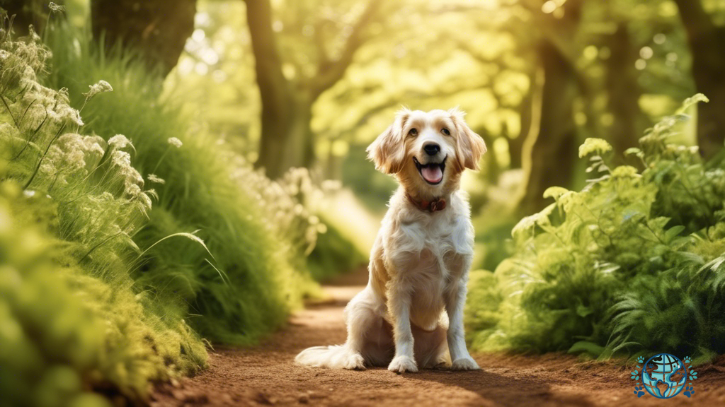 Adorable dog enjoying a pet-friendly adventure in the lush English countryside, bathed in warm sunlight filtering through vibrant green trees.