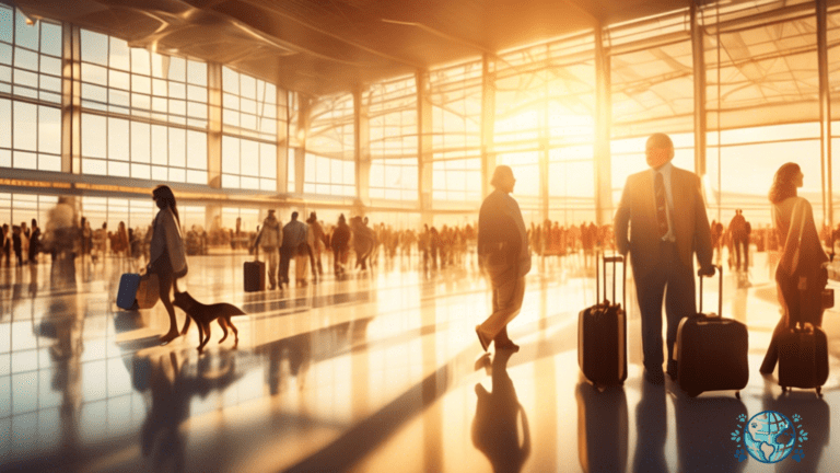 Traveler with service animal confidently navigating through a bustling airport terminal bathed in warm, golden sunlight