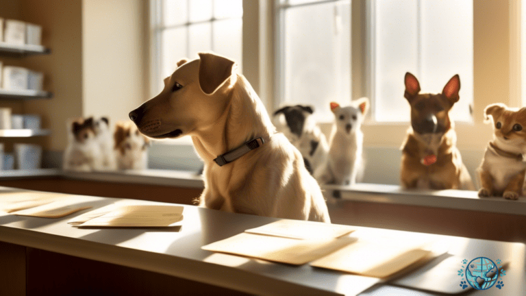 Close-up of sunlit veterinary clinic counter displaying neatly arranged row of vaccination record cards for various pets, highlighting their essential role in pet travel.