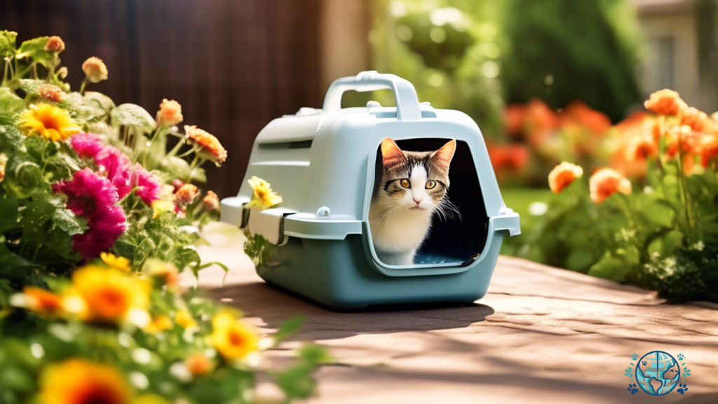 Waterproof cat carrier with rain droplets, surrounded by serene greenery and colorful flowers in bright morning sunlight.
