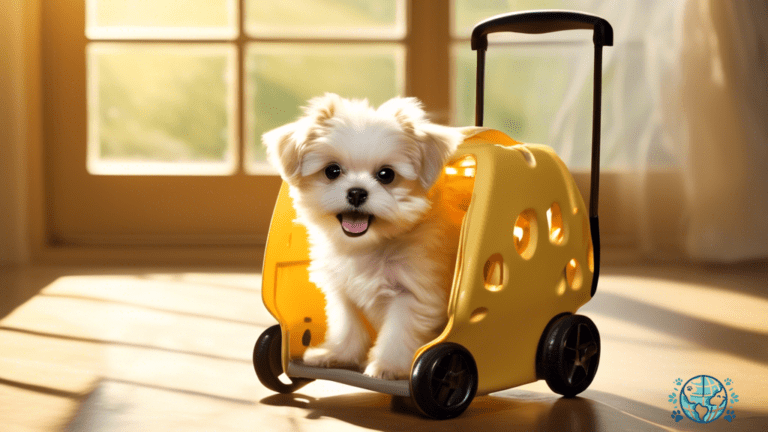Adorable small fluffy dog enjoying the view from a wheeled dog carrier, basking in golden sunlight streaming through a window.