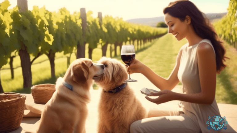 Enjoying a delightful wine tasting experience with your furry companion at a pet-friendly winery, under the radiant sun on a charming patio surrounded by lush vineyards.