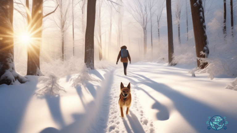 An adorable pet and its owner enjoy a winter hike on a snow-covered trail, surrounded by tall trees and bathed in warm sunlight.